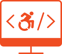 On a computer screen, code brackets surround the wheelchair accessibility icon.