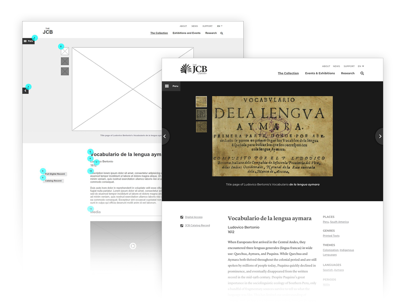 John Carter Brown Library wireframe and mockup samples