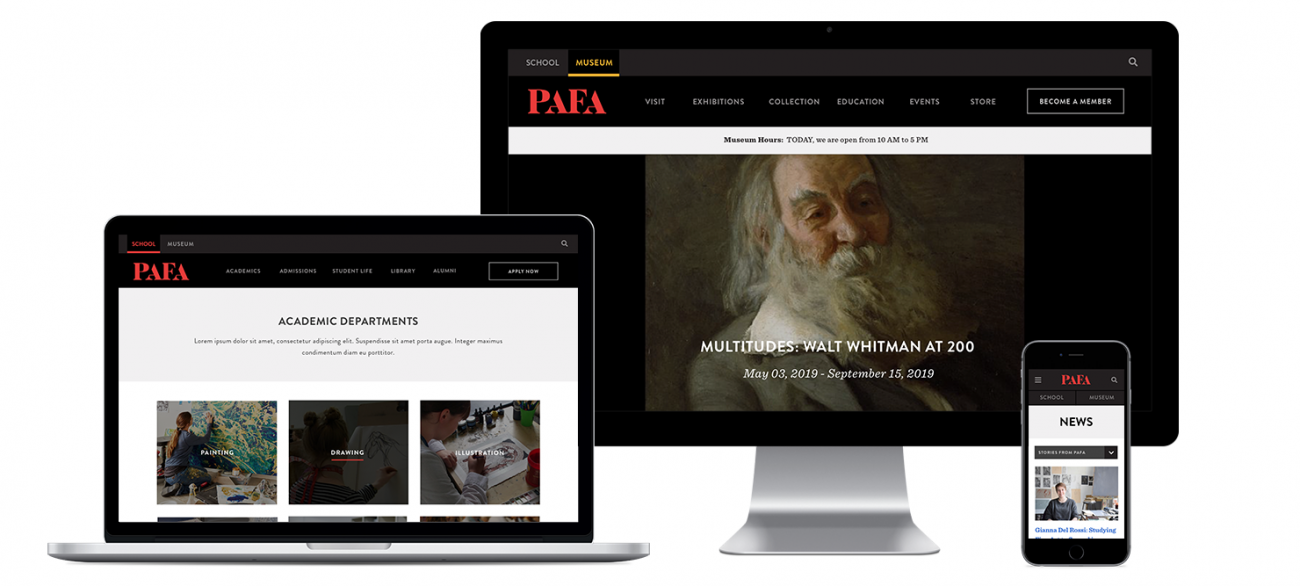 Three versions of the PAFA homepage, one on a laptop, one on desktop, and one on mobile.