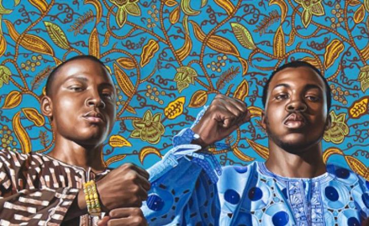 Painting by a PAFA artist with floral background and three African-American youth with raised fists